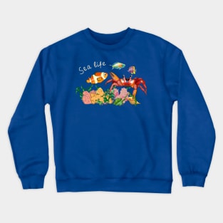 seabed with red crab, algae and fish Crewneck Sweatshirt